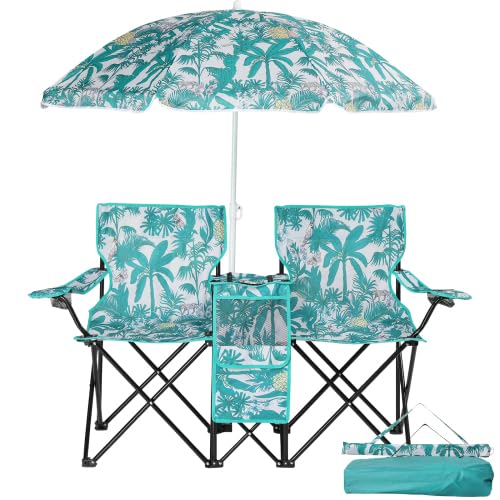 VINGLI Beach Chair with Umbrella for Adults, Double Camping Chair with Canopy & Cooler Fold-Up Table, Carrying Bag, Folding Chair for Outdoor (Pineapple Pattern)