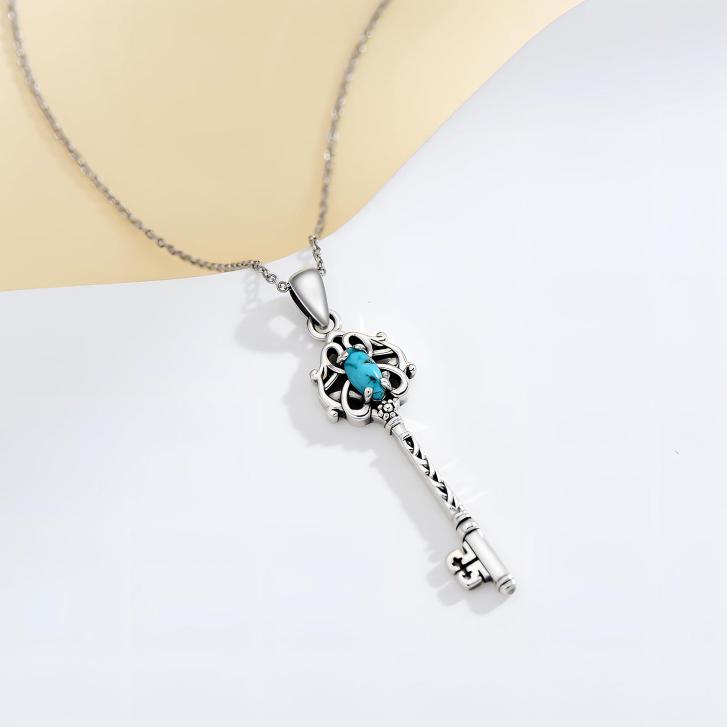 BETHZA Turquoise Key Necklace 925 Sterling Silver Natural Turquoise Gemstone Key Pendant Western Bohemian Jewelry for Women Gifts for Birthday