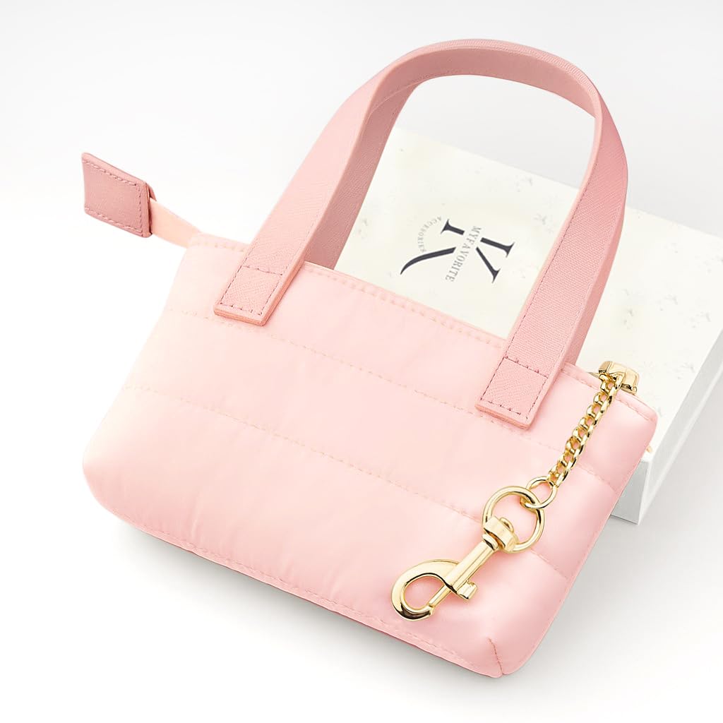 MyfavoriteK Mini Puffer Tote Bag Keychain Puffy Purse Keyring with Gold Heart Charm Cute Bag Charm Gift for Women Girls Teens Key Ring (Pink)