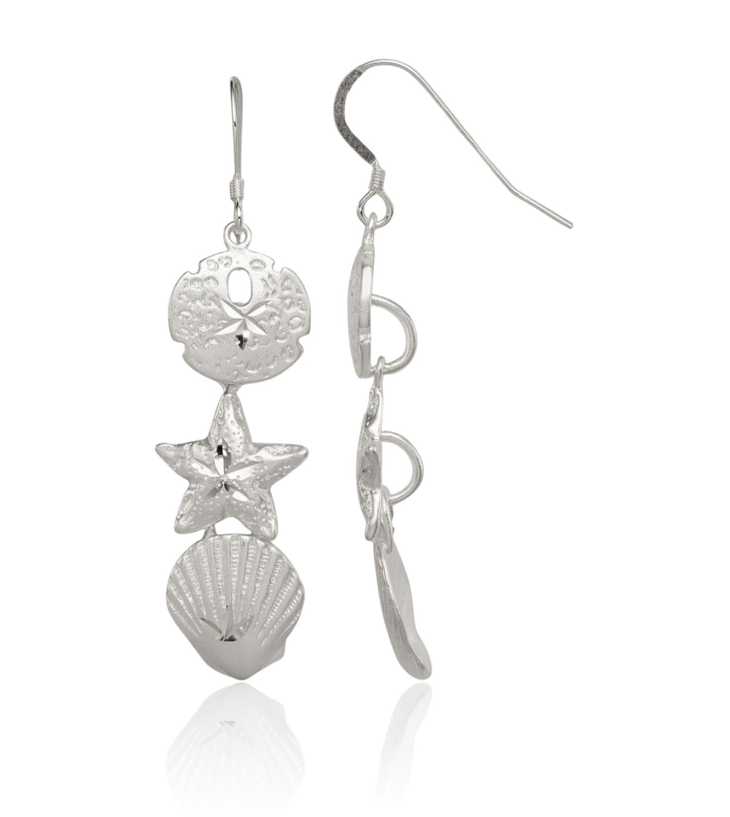 Sterling Silver Drop Dangle Sand Dollar Starfish Seashell Earrings 58mm Polished Beach Jewelry For Women Gift Nature Theme