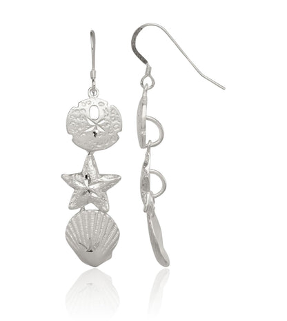Sterling Silver Drop Dangle Sand Dollar Starfish Seashell Earrings 58mm Polished Beach Jewelry For Women Gift Nature Theme
