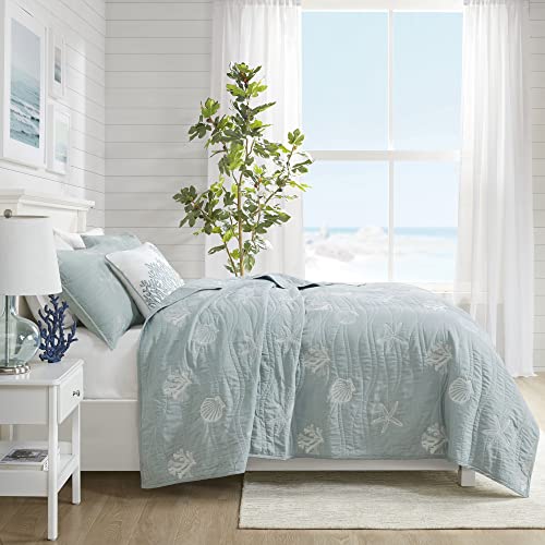 Harbor House Seaside Reversible Cotton Quilt Set Coastal Clam, Starfish, Coral Embroidery, All Season, Pre-Washed Coverlet Bedding Layer, Decorative Pillow, King/Cal King(108"x90") Seafoam 4 Piece