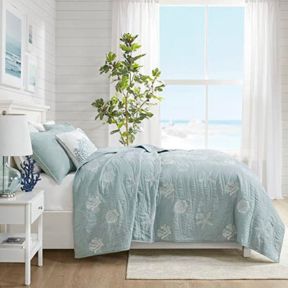 Harbor House Seaside Reversible Cotton Quilt Set Coastal Clam, Starfish, Coral Embroidery, All Season, Pre-Washed Coverlet Bedding Layer, Decorative Pillow, King/Cal King(108"x90") Seafoam 4 Piece