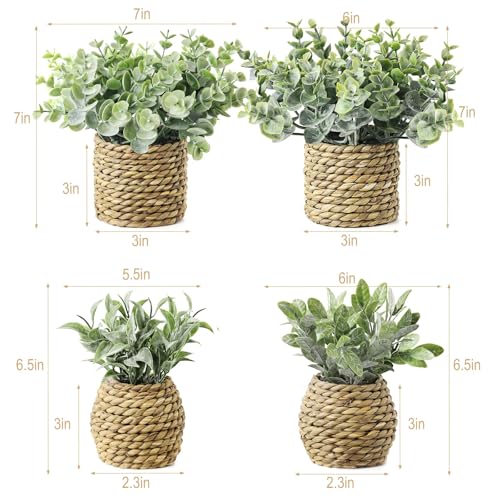 Small Fake Potted Plants: 7 Inches Artificial Plants with Seagrass Handwoven Planters, Indoor Farmhouse Decorations, Eucalyptus Plant for Home Bathroom Office Shelf Tabletop Desk Room Decor or Gift