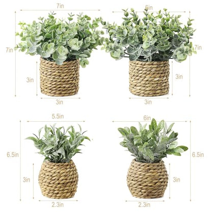Small Fake Potted Plants: 7 Inches Artificial Plants with Seagrass Handwoven Planters, Indoor Farmhouse Decorations, Eucalyptus Plant for Home Bathroom Office Shelf Tabletop Desk Room Decor or Gift