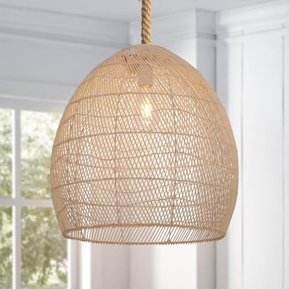 WALMHEIM 17.7" Large Farmhouse Chandeliers for Dining Room, 1-Light Rattan Boho Chandelier Light Fixture Coastal Wicker Hanging Pendant Lighting for Kitchen Island Bedroom Living Room Nursery