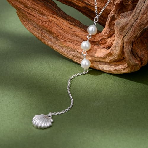 Seashell Pearl Y-Drop Necklace for Women 925 Sterling Silver Real Pearl Shell Necklace Boho Summer Beach Vacation Jewelry Gift for Birthday