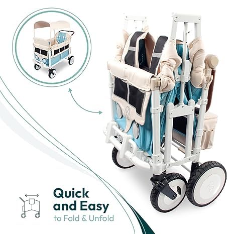 WONDERFOLD Volkswagen Stroller Wagon (4 Seater) - Collapsible Wagon Stroller with VW Bumper, Functioning Headlights, and All-Terrain XL Wheels