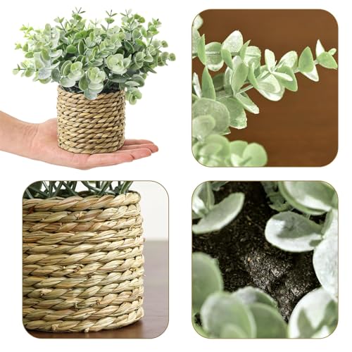 Small Fake Potted Plants: 7 Inches Artificial Plants with Seagrass Handwoven Planters, Indoor Farmhouse Decorations, Eucalyptus Plant for Home Bathroom Office Shelf Tabletop Desk Room Decor or Gift