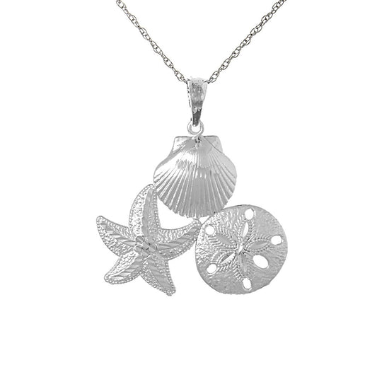 925 Sterling Silver Nautical Charm Necklace Pendant with Chain, DC Scallop, Starfish, Sand Dollar Cluster
