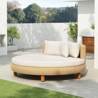 Scott Living Jennie Outdoor Round Wicker Daybed with Water-Resistant Beige Cushions and Pillows, Garden Daybed Sofa, PE Rattan Patio Lounger for Garden, Poolside, Natural+Beige