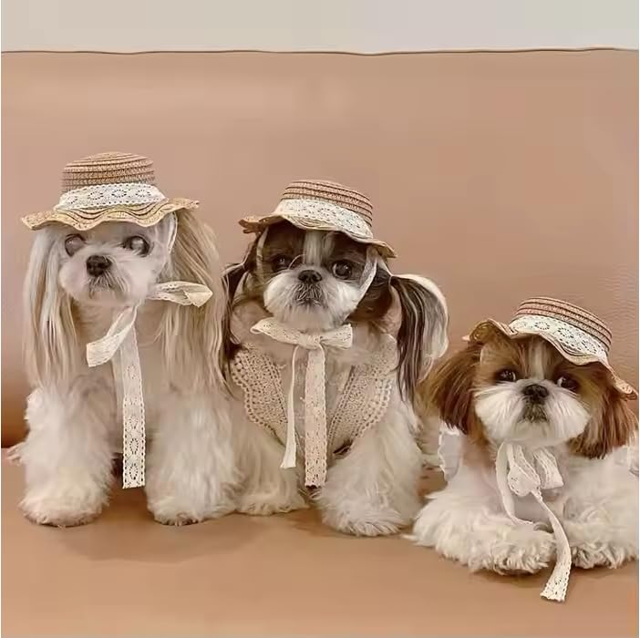 Pet Straw Sun Hat - Lace - Trimmed Summer Beach Hat with Bow, Adjustable Sun Protection Cap for Small Dogs & Cats (Size M, Khaki)