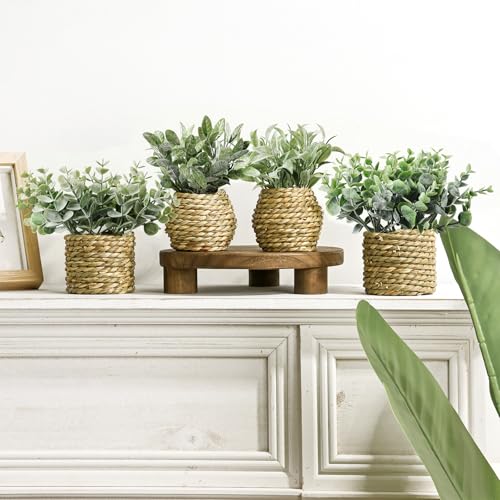 Small Fake Potted Plants: 7 Inches Artificial Plants with Seagrass Handwoven Planters, Indoor Farmhouse Decorations, Eucalyptus Plant for Home Bathroom Office Shelf Tabletop Desk Room Decor or Gift