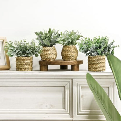 Small Fake Potted Plants: 7 Inches Artificial Plants with Seagrass Handwoven Planters, Indoor Farmhouse Decorations, Eucalyptus Plant for Home Bathroom Office Shelf Tabletop Desk Room Decor or Gift
