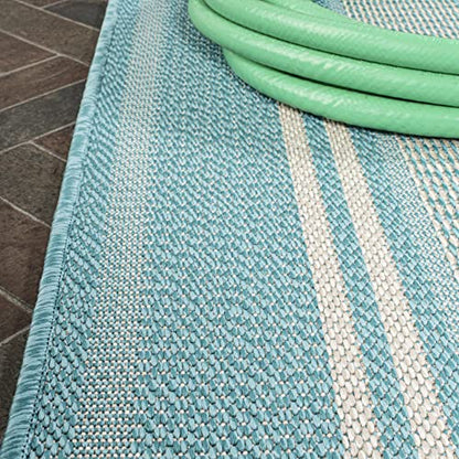 JONATHAN Y Double Stripe Indoor Outdoor Area Rug 5X8 Aqua/Beige, Haynes Modern for Backyard, Patio, Porch, Easy-Cleaning, High Traffic, Pet-Friendly, Non-Shedding (SMB202A-5)