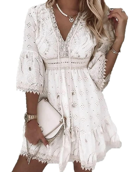 Womens Fringe Lace Boho Floral Dress V Neck Embroidered High Empire Waist Flowy A Line Short Dresses Summer Casual 3/4 Sleeve Ruffle Mini Dress for Ladies Vintage Drawstring Beach Dress L