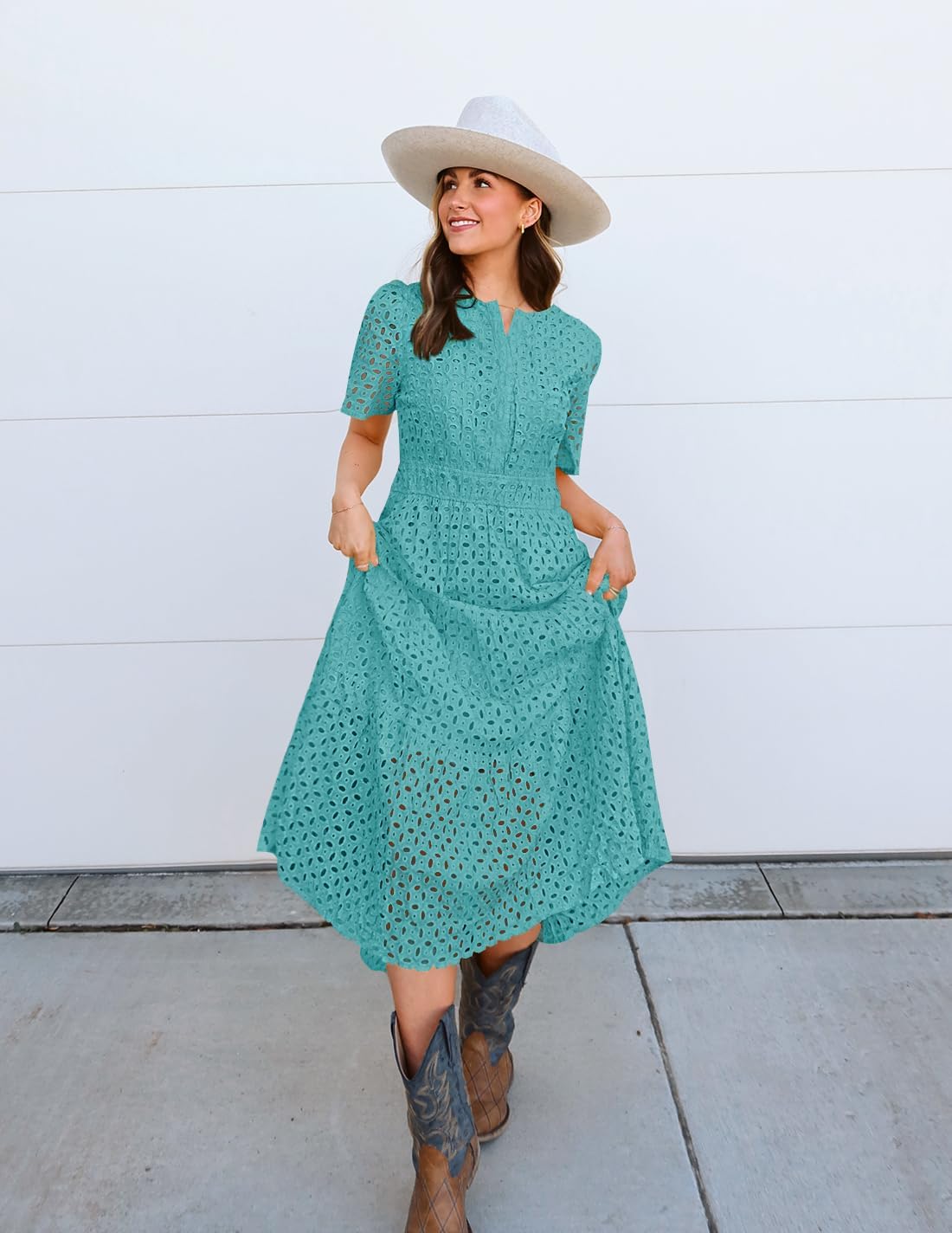 ZESICA Women's 2026 Summer Short Sleeve Maxi Dress Casual V Neck Hollow Out Eyelet Ruffle Swing A Line Long Dresses,Aqua,Large