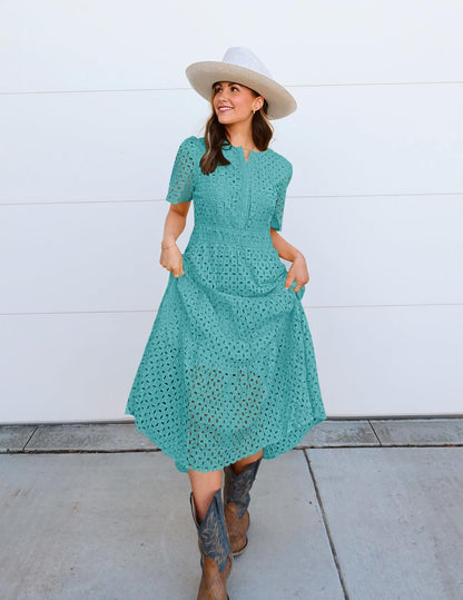 ZESICA Women's 2026 Summer Short Sleeve Maxi Dress Casual V Neck Hollow Out Eyelet Ruffle Swing A Line Long Dresses,Aqua,Large