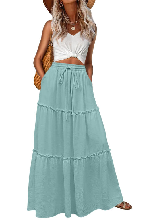 Lepunuo Casual Boho High Waisted Flowy Maxi Skirts Womens Trendy Spring Skirts with Pockets