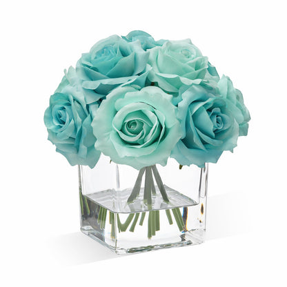 WELL KNOWN Rose Artificial Flowers in Vase with Faux Water, Silk Rose Table Centerpieces for Home Coffee Table Decor, Fake Roses Flower Arrangements for Office Hotel Lavatory Decor (Light Teal Blue)