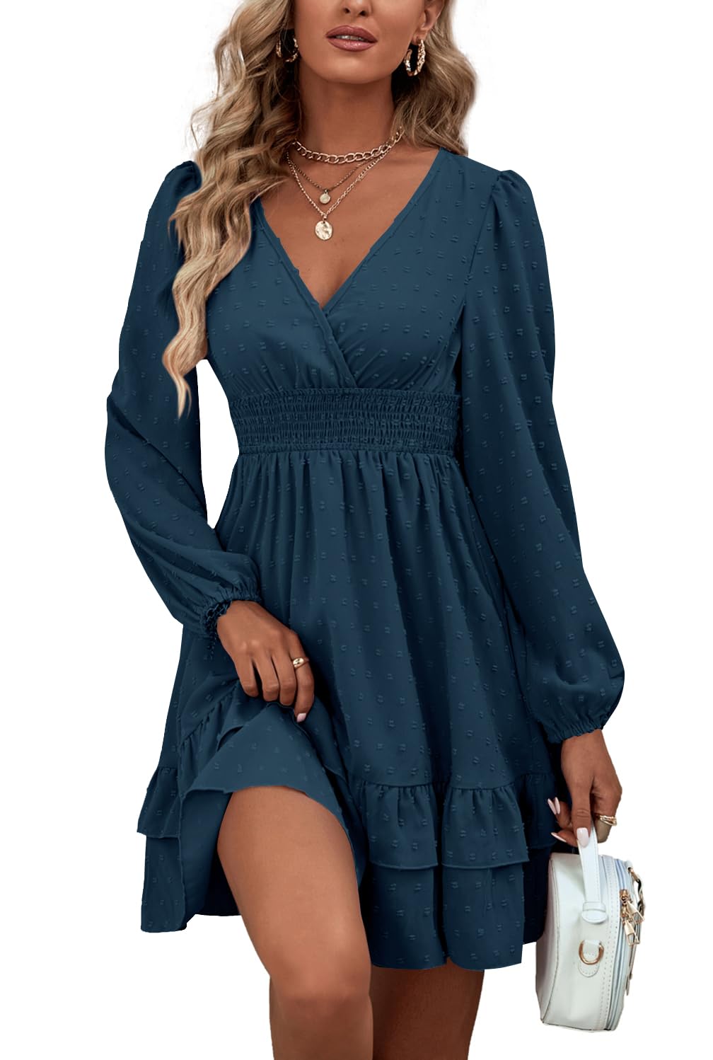 Rooscier Women's Wrap V Neck Swing Ruffle Swiss Dots Long Sleeve Mini Dress Teal Blue XX-Large