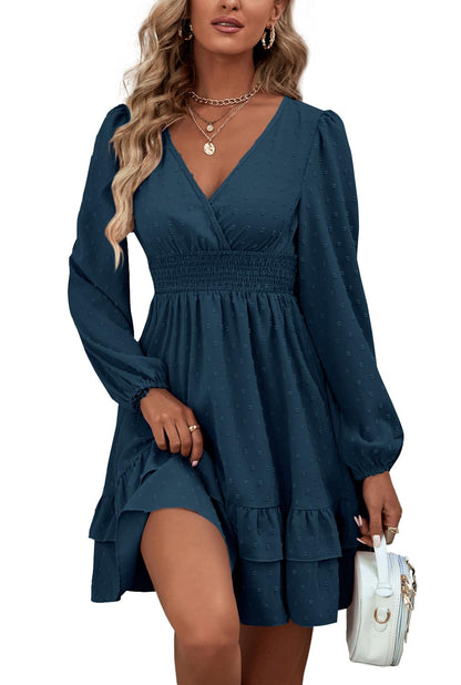 Rooscier Women's Wrap V Neck Swing Ruffle Swiss Dots Long Sleeve Mini Dress Teal Blue XX-Large