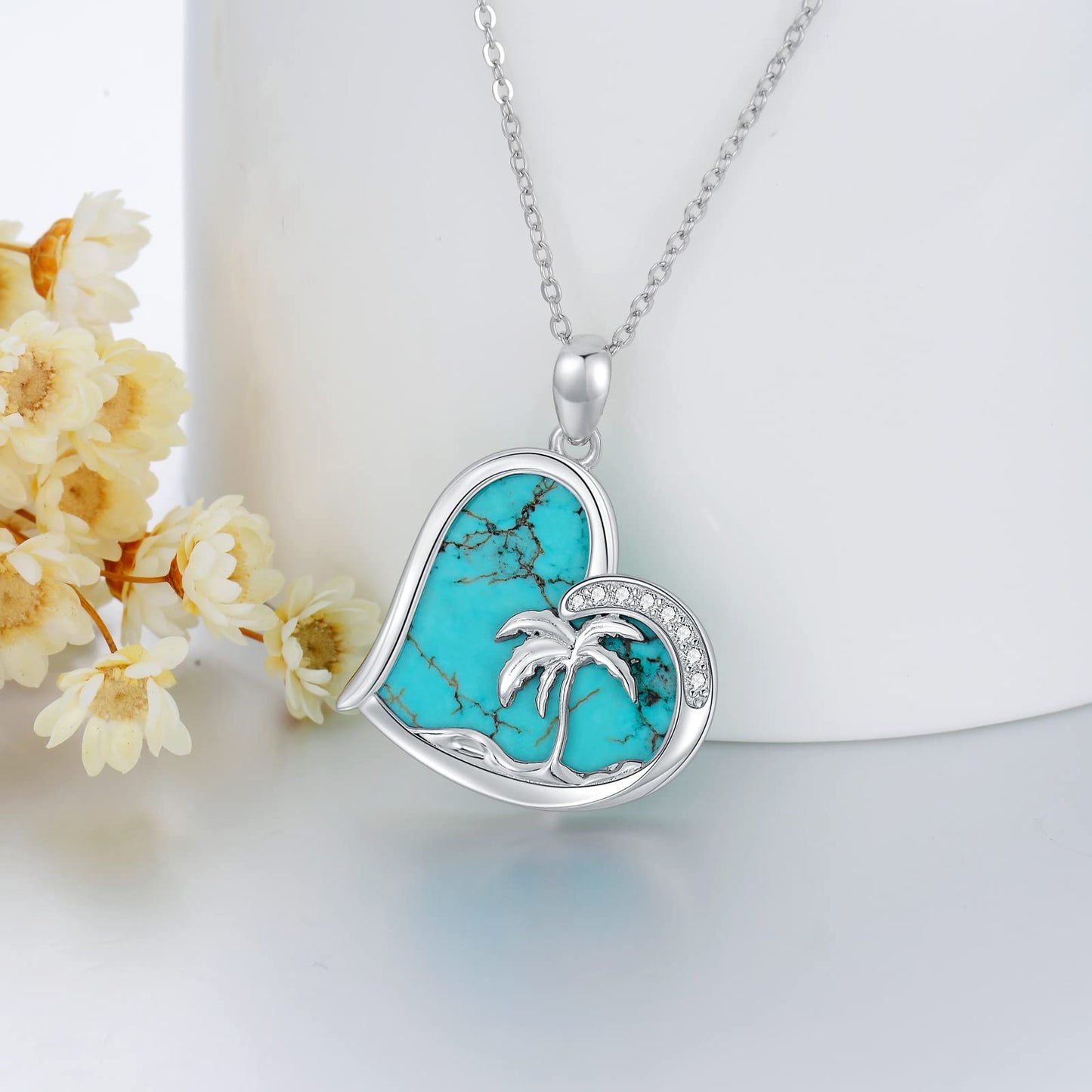 BETHZA Turquoise Palm Tree Necklace 925 Sterling Silver Natural Blue Turquoise Heart Pendant Summer Beach Necklace Genuine Gemstone Jewelry Gifts for Women