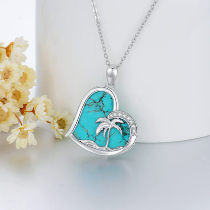 BETHZA Turquoise Palm Tree Necklace 925 Sterling Silver Natural Blue Turquoise Heart Pendant Summer Beach Necklace Genuine Gemstone Jewelry Gifts for Women
