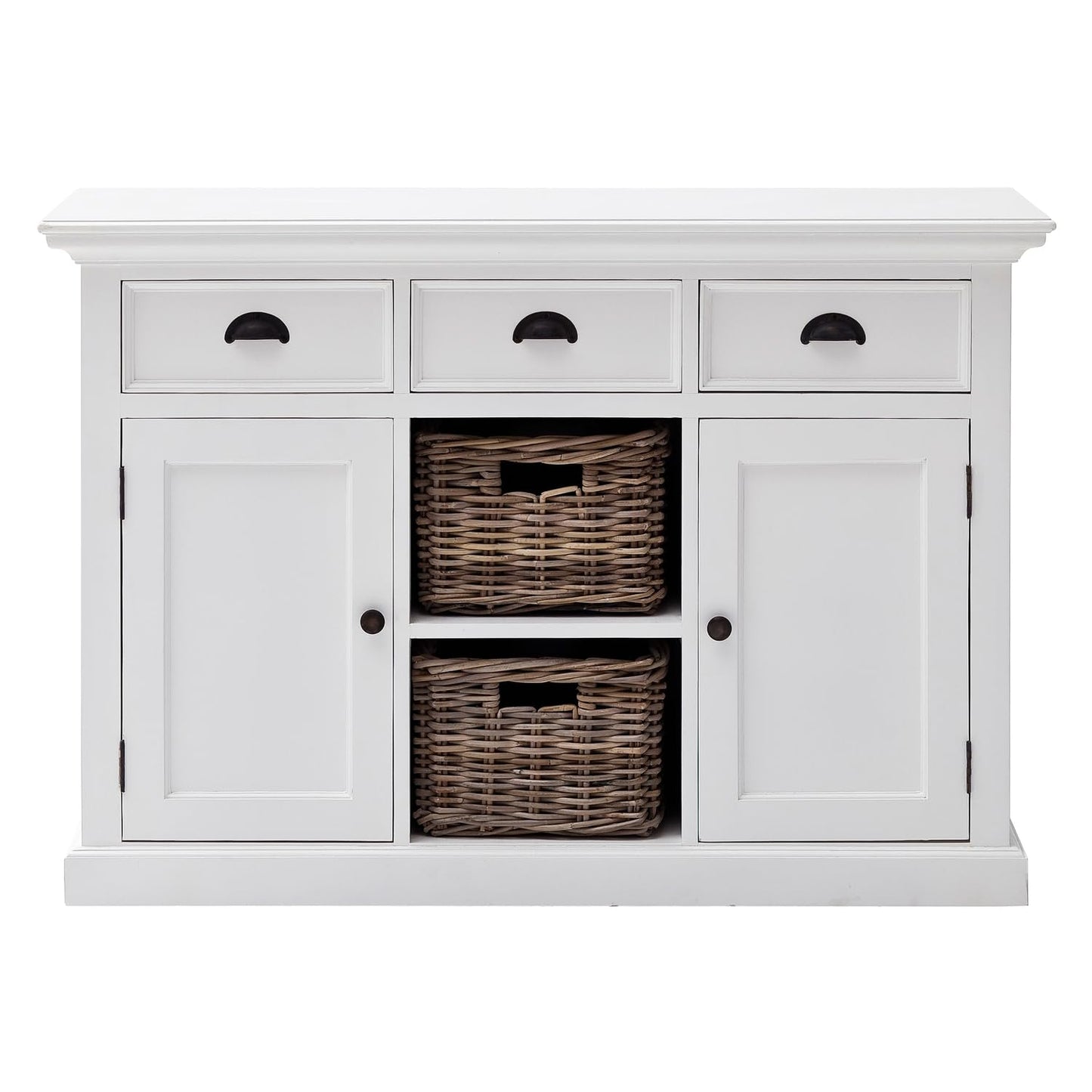 NovaSolo Halifax Pure White Mahogany Wood Sideboard Dining Buffet With Storage, 3 Drawers And 2 Rattan Baskets