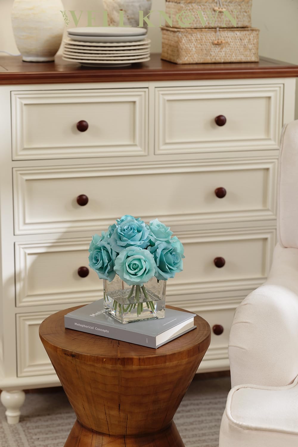 WELL KNOWN Rose Artificial Flowers in Vase with Faux Water, Silk Rose Table Centerpieces for Home Coffee Table Decor, Fake Roses Flower Arrangements for Office Hotel Lavatory Decor (Light Teal Blue)