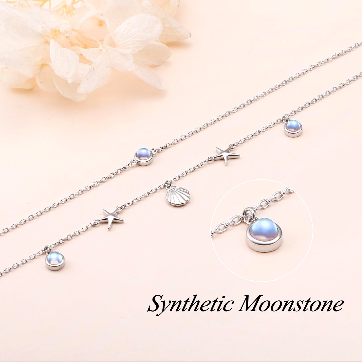 Ladytree Starfish and Shell Layer Anklet for Women S925 Sterling Silver Beads Charm Foot Chain Created Moonstone Boho Beach Double Layer Anklets Bracelet Adjustable 9 to 10.5 inches