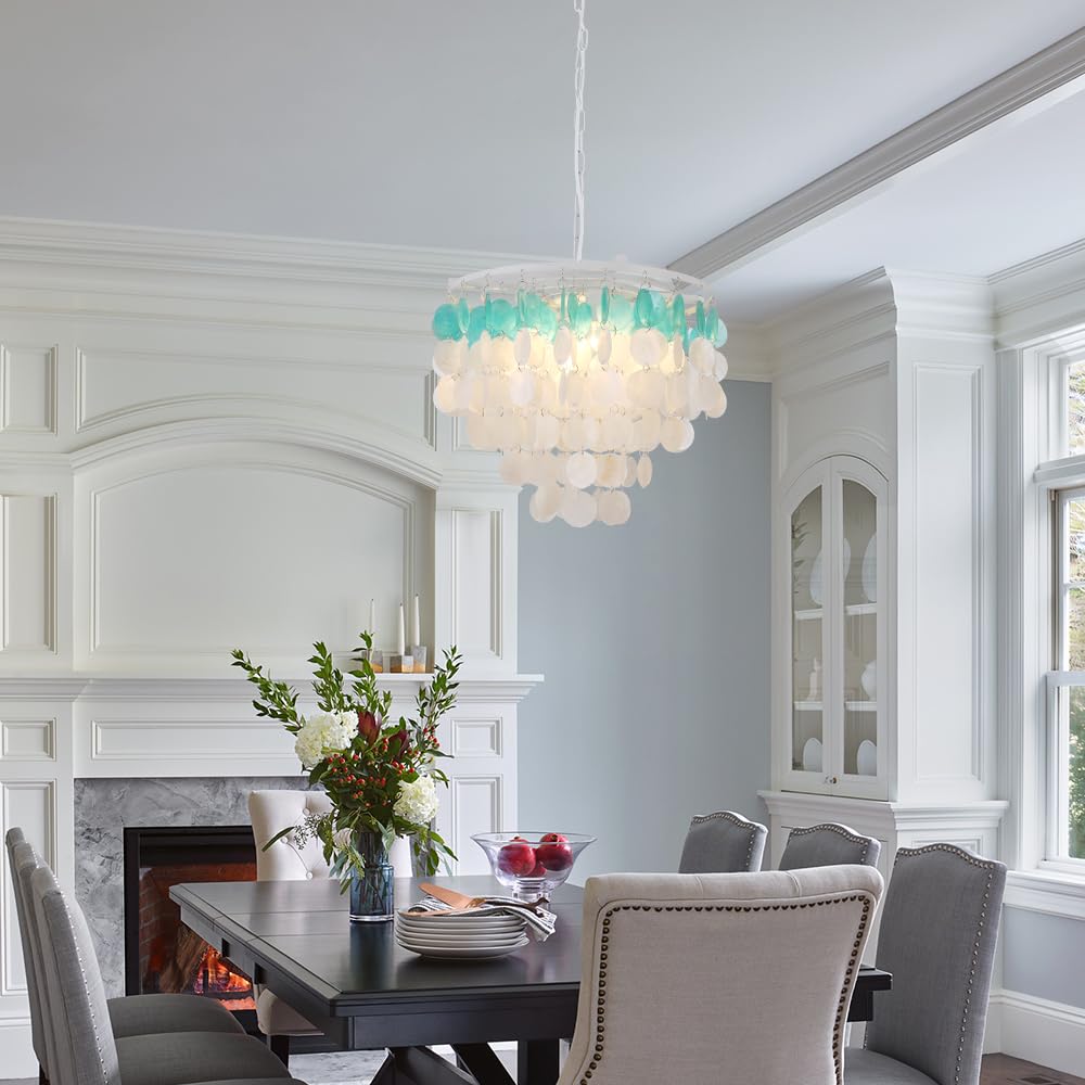 JC TOPA 4-Light Shells Chandelier, Modern Coastal Dining Room Light Fixtures, 17.7” Boho Seashell Light Fixtures for Bathroom Chandeliers Over Tub, Kitchen, Foyer, White and Blue