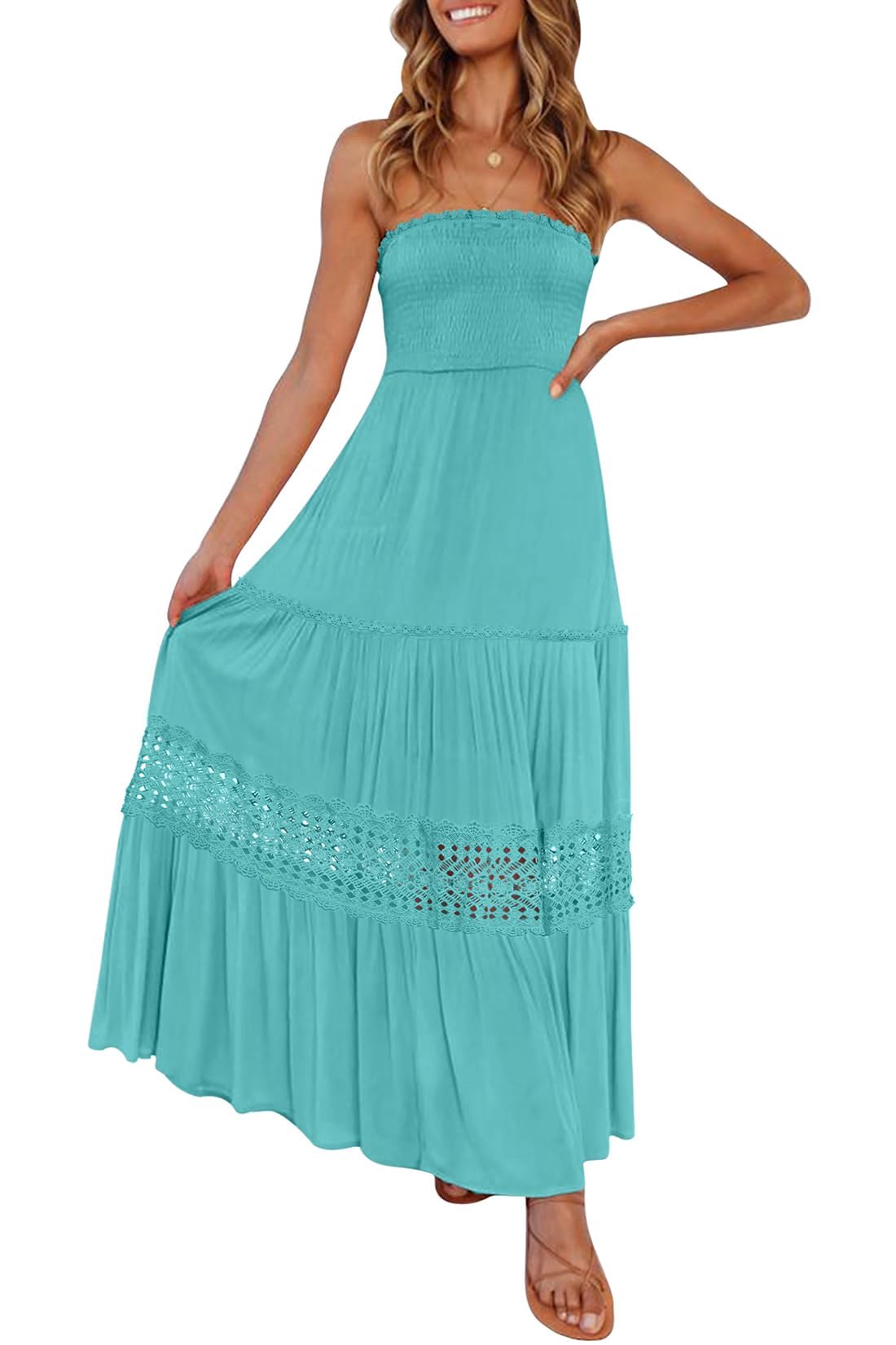 ZESICA Women's 2025 Summer Bohemian Strapless Off Shoulder Lace Trim Backless Flowy A Line Beach Long Maxi Dress,Aqua,Large