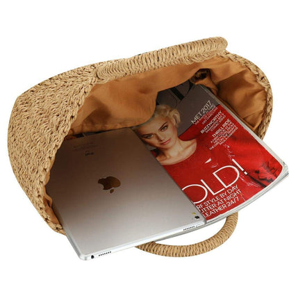 Bryqona Large Woven Straw Tote with Round Handle for Women, Retro Style Hobo Purse, Spacious Summer Beach Bag for Travel (khaki)