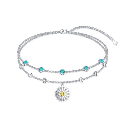 Genuine Turquoise Anklet with Daisy, Sterling Silver Summer Beach Dainty Bohemia Nature Gemstone Jewelry for Women, 9+2''