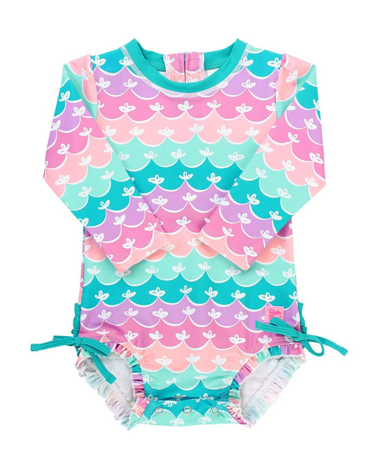 RuffleButts Baby Girls UPF 50+ Sun Protection Novelty Print Long Sleeve One Piece Rash Guard Swimsuit with Zipper - Mermaid/Aqua, 18-24m