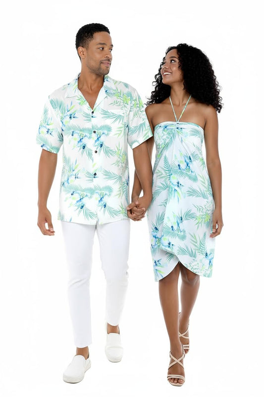 Matchable Couple Hawaiian Luau Butterfly Dress in Orchid Breeze White, Women XL