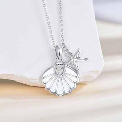 LWXIE Diamond Shell Starfish Necklace 925 Sterling Silver Sea Shell Charm Necklace for Women Beach Jewelry Gifts for Birthday