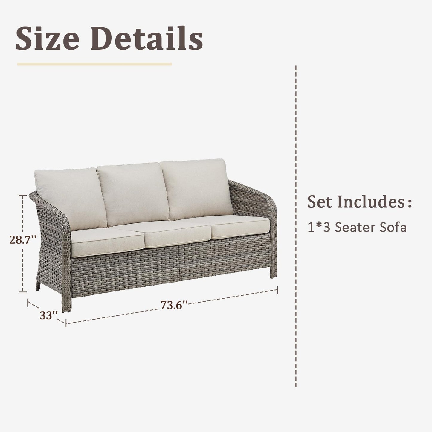 Belord 73" Wicker 3-seat Patio Sofa Couch, All Weather Outdoor Rattan Wicker Sofa High Back Couch with Wide Armrest, Comfy Cushion, Patio Conversation Set for Deck Backyard Garden(Grey/Beige)