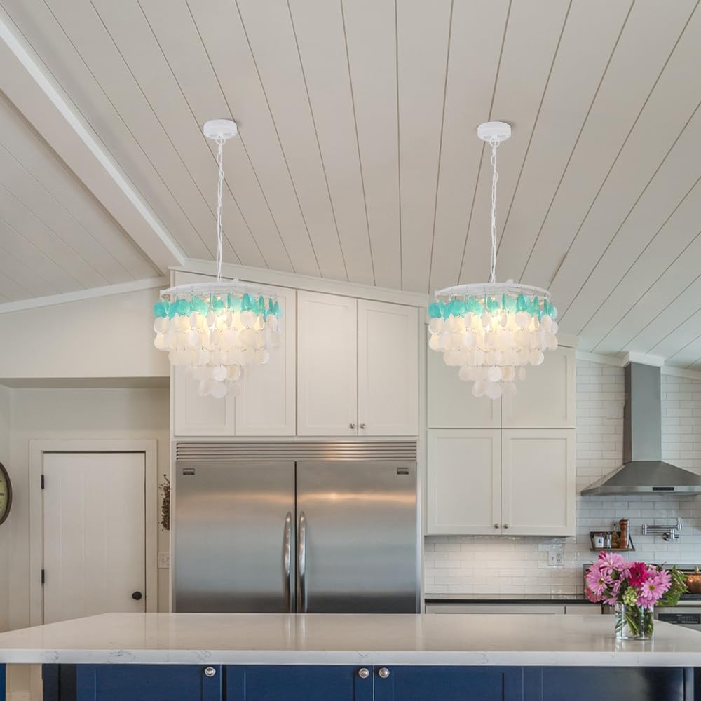 JC TOPA 4-Light Shells Chandelier, Modern Coastal Dining Room Light Fixtures, 17.7” Boho Seashell Light Fixtures for Bathroom Chandeliers Over Tub, Kitchen, Foyer, White and Blue