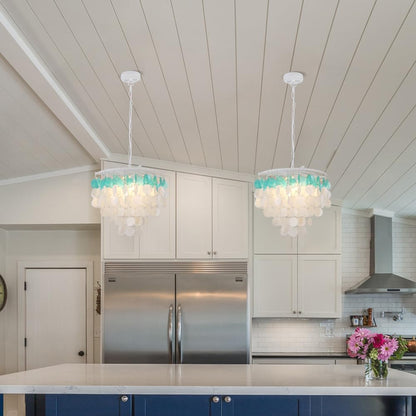 JC TOPA 4-Light Shells Chandelier, Modern Coastal Dining Room Light Fixtures, 17.7” Boho Seashell Light Fixtures for Bathroom Chandeliers Over Tub, Kitchen, Foyer, White and Blue
