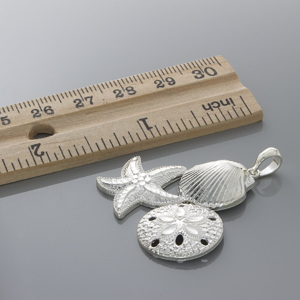 925 Sterling Silver Nautical Charm Necklace Pendant with Chain, DC Scallop, Starfish, Sand Dollar Cluster