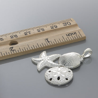 925 Sterling Silver Nautical Charm Necklace Pendant with Chain, DC Scallop, Starfish, Sand Dollar Cluster