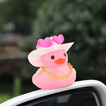 wonuu Car Rubber Ducks Light Pink Cowboy Hat, Dashboard Decorations Sparkling Duck for Car Ornament Accessories with Cap Heart Glasses Chain (Light Pink White)