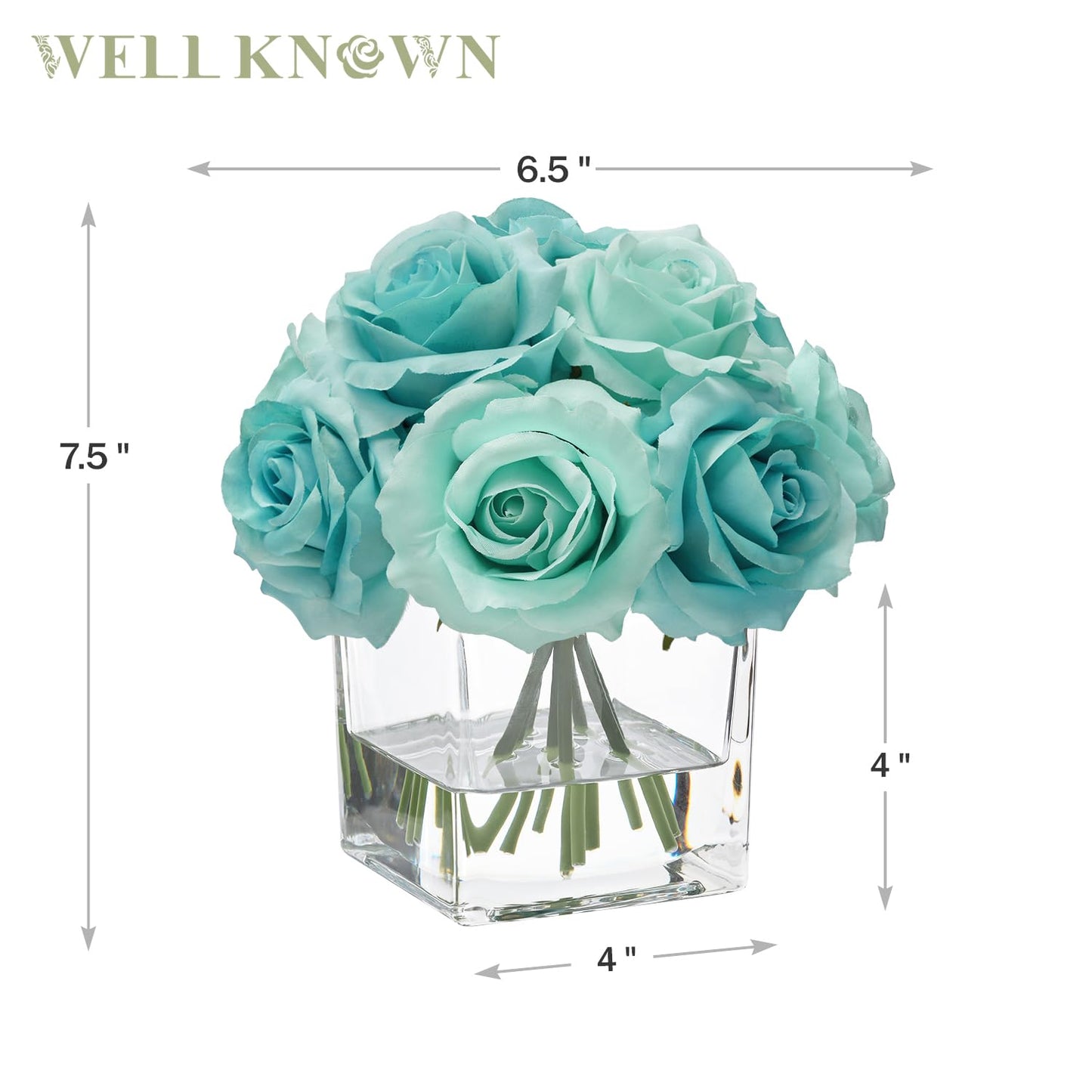 WELL KNOWN Rose Artificial Flowers in Vase with Faux Water, Silk Rose Table Centerpieces for Home Coffee Table Decor, Fake Roses Flower Arrangements for Office Hotel Lavatory Decor (Light Teal Blue)