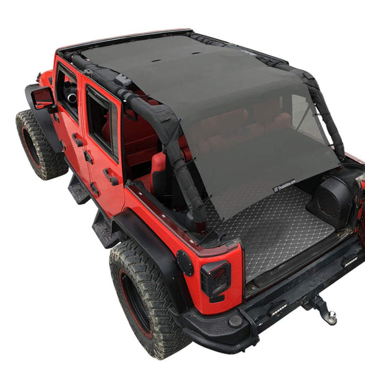 Shadeidea JK Sun Shade Top Compatible with Jeep Wrangler JKU Top Sunshade Soft Mesh Roof Cover (2007-2018)- Wind Noise UV Blocker -10 Year Warranty -4 Door -Gray -Front&Rear&Back (Full Length)
