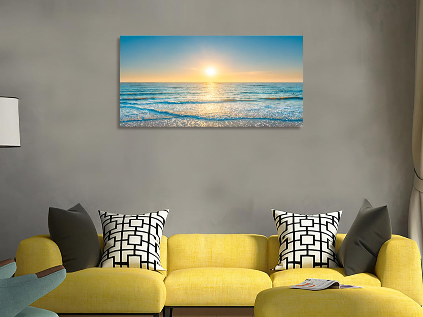 KUNHAAH Wall Art Canvas Painting Blue Sea Beautiful Seascape 1 Piece Ocean Sunset Waves Picture Poster Print Framed and Stretched Ready to Hang for Living Room Bedroom Artework