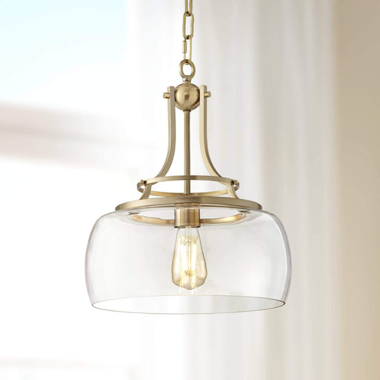 Franklin Iron Works Charleston Brass Hanging Pendant Lighting 13 1/2" Wide Modern Industrial LED Clear Glass Shade Fixture for Dining Room Living House Home Foyer Kitchen Island Entryway Bedroom