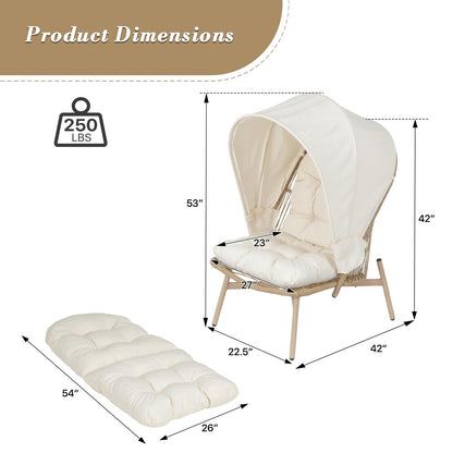 Athena Collection Patio Wicker Egg Chair with Folding Canopy, All-Weather Rattan Patio Lounge Chair with Sun Shade, Balcony Furniture Outside Seating for Front Porch, Garden, Poolside, Outdoor, Beige
