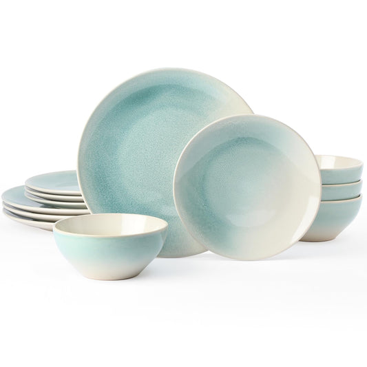Famiware Glacier Stoneware Dinnerware Sets, Plates and Bowls Sets, 12 Pieces Kitchen Dishes Set for 4 - Dishwasher and Microwave Safe, Chip and Scratch Resistant, Aqua